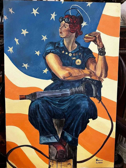 portrait la pause d'après Rockwel tableau peinture huile sur toile signée