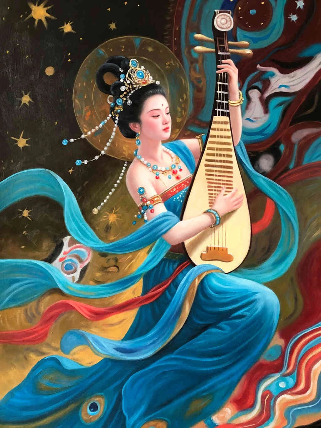 Peinture à l'huile chinoise sur toile peinte à la main belle femme musicienne par Leng Jun - Kikooyou Art Gallery
