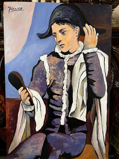 art-decoration-tableau-peinture-huile-toile-portrait-masculin-Arlequin-à la manière de Picasso