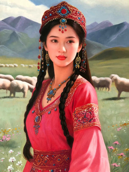 portrait femme chinoise en habit traditionnel huile sur toile - asiat woman oil painting on canvas - Kikooyou Art Gallery