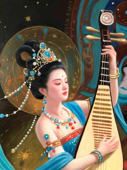 Peinture à l'huile chinoise sur toile peinte à la main belle femme musicienne par Leng Jun - Kikooyou Art Gallery