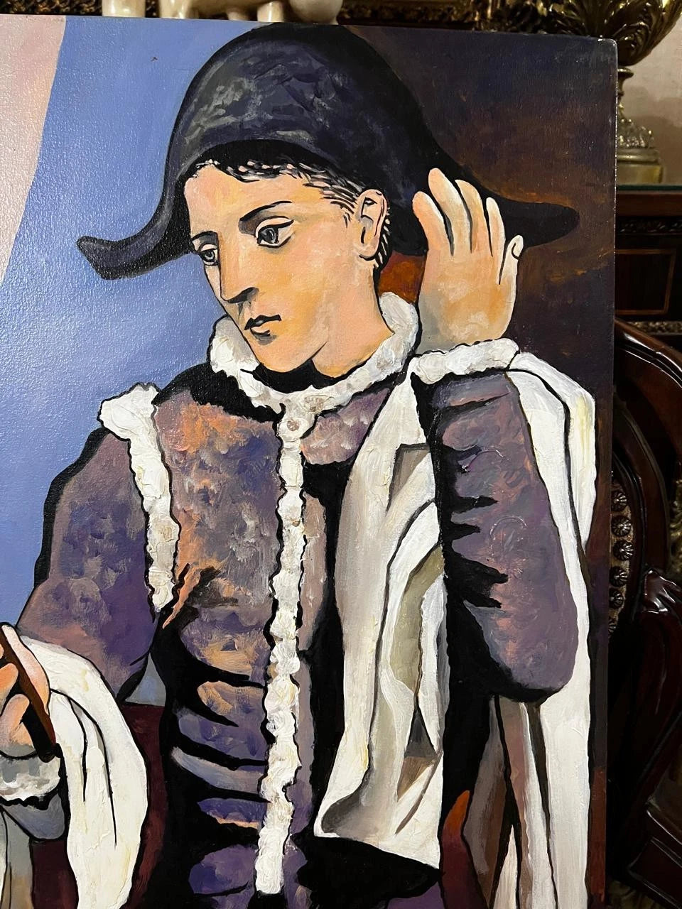art-decoration-tableau-peinture-huile-toile-portrait-masculin-Arlequin-à la manière de Picasso