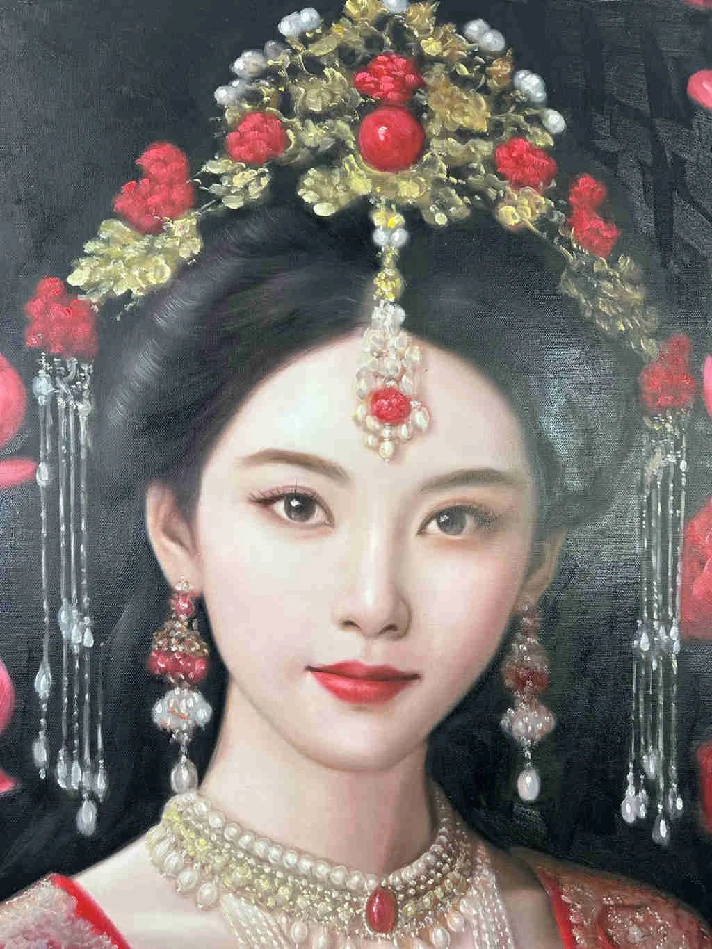 Peinture à l'huile sur toile peinte à la main belle femme chinoise tenue aparat rouge par Leng Jun - Kikooyou Art Gallery