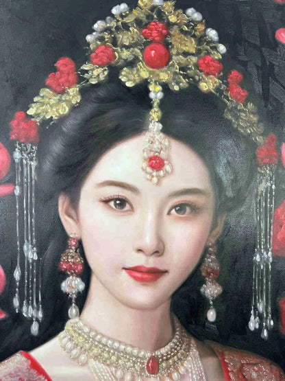 Peinture à l'huile sur toile peinte à la main belle femme chinoise tenue aparat rouge par Leng Jun - Kikooyou Art Gallery