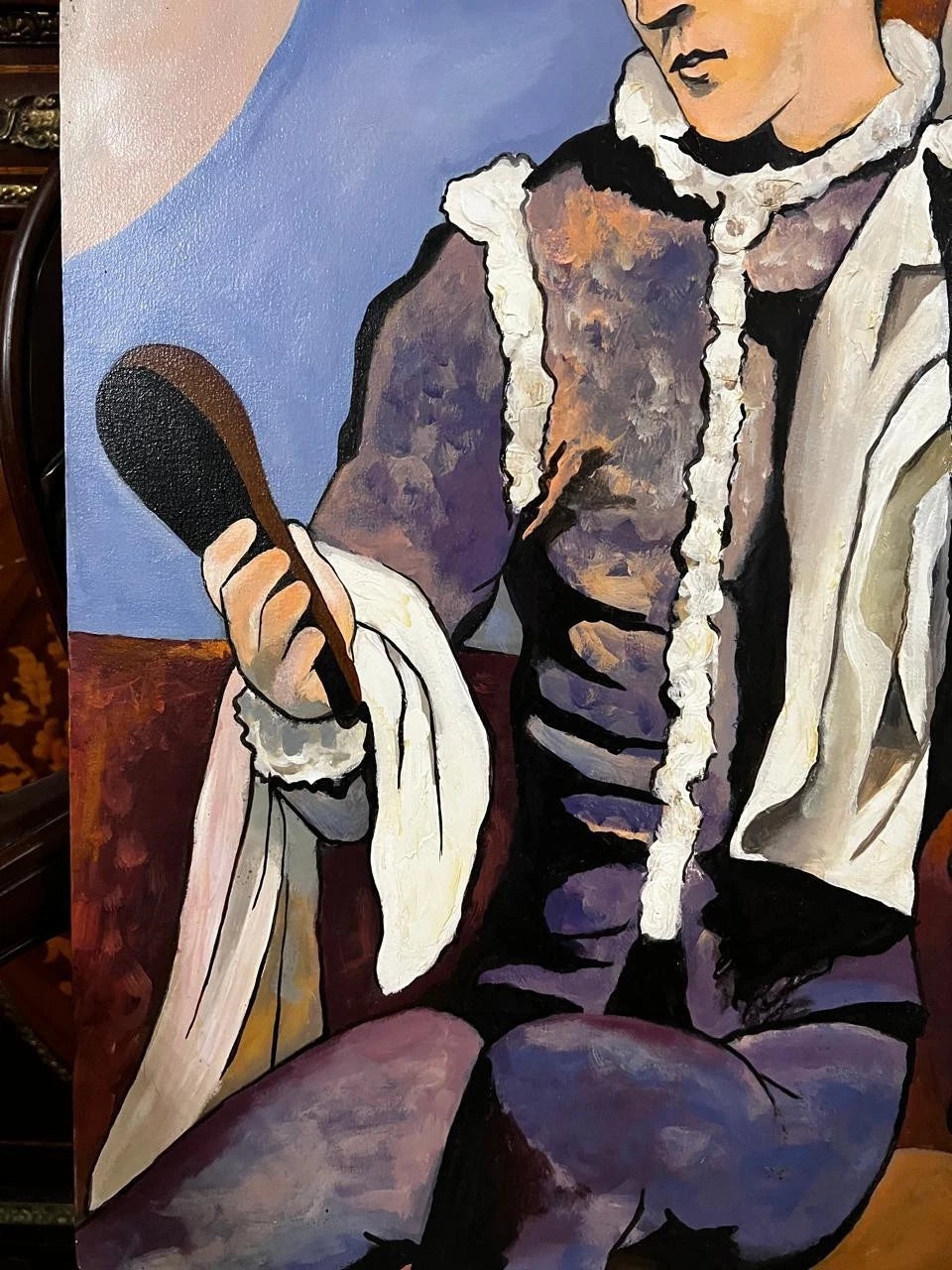 art-decoration-tableau-peinture-huile-toile-portrait-masculin-Arlequin-à la manière de Picasso