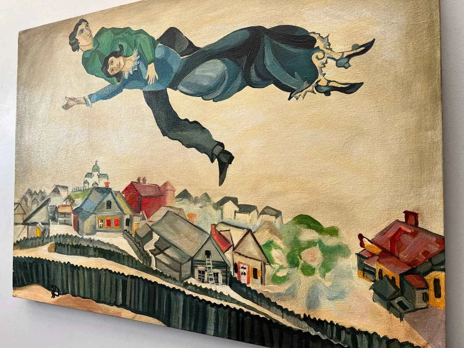 art-decoration-tableau-peinture-huile-toile-scene-personnages-vol au dessus de la ville-d'après chagall