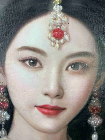 Peinture à l'huile sur toile peinte à la main belle femme chinoise tenue aparat rouge par Leng Jun - Kikooyou Art Gallery