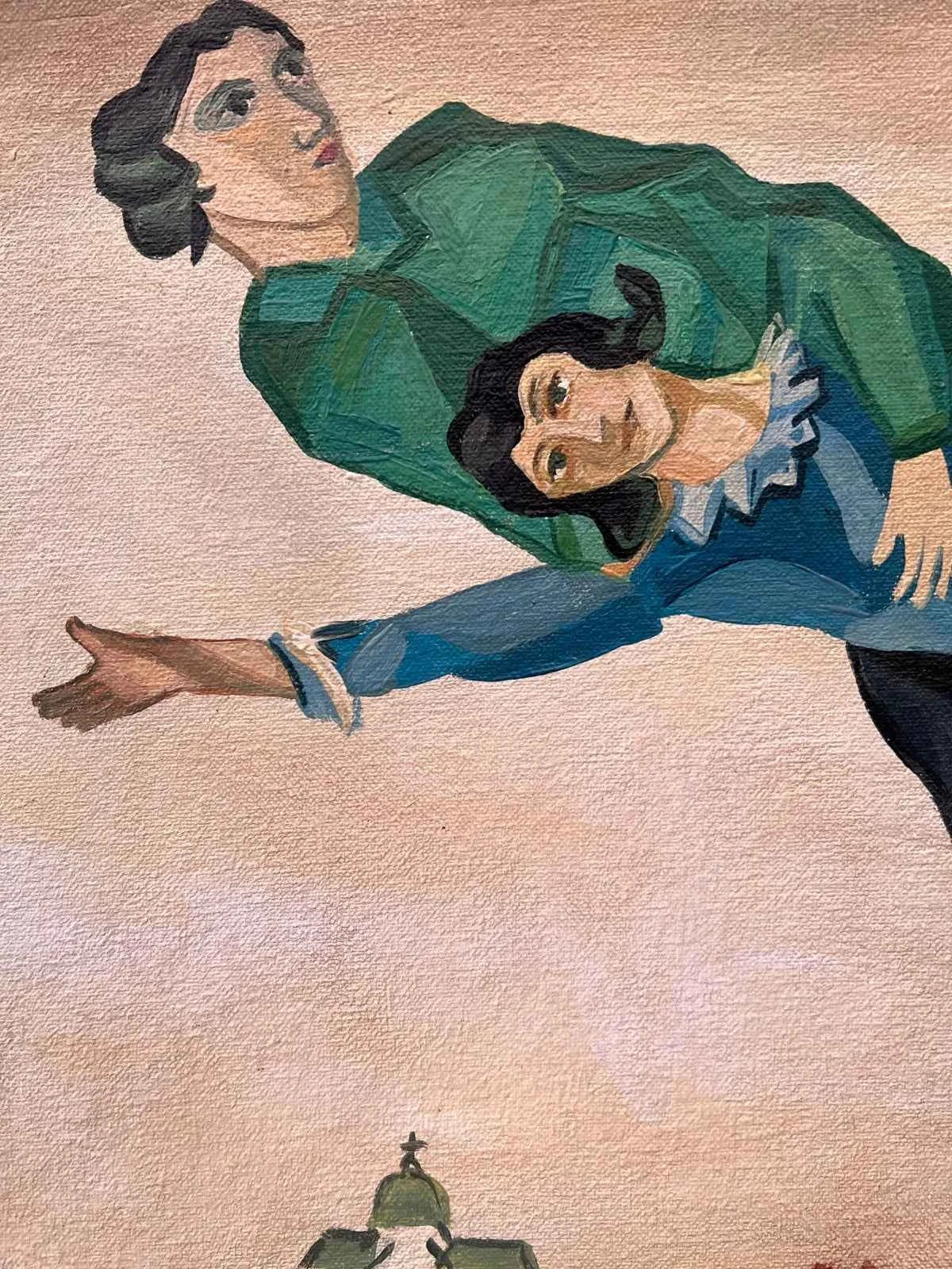 art-decoration-tableau-peinture-huile-toile-scene-personnages-vol au dessus de la ville-d'après chagall