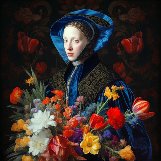 Tableau Original Tullasky – Acrylique sur toile – Portrait femme style Renaissance aux Fleurs –Acrylique sur toile - Kikooyou Art Gallery