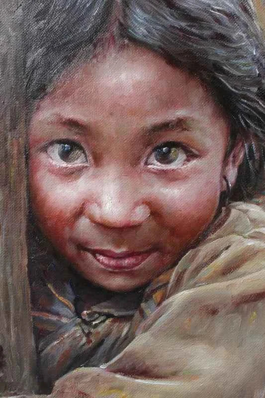 Portrait original à l'huile sur toile d'une petite fille afghane