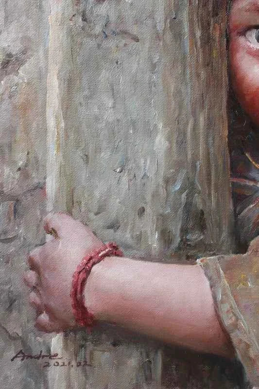 Portrait original à l'huile sur toile d'une petite fille afghane