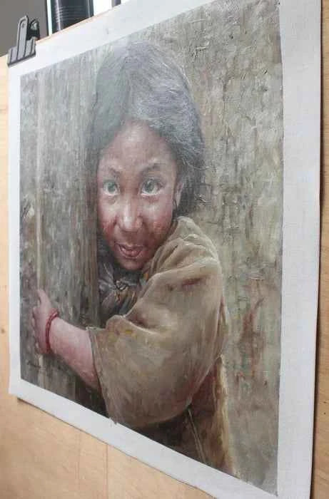 Portrait original à l'huile sur toile d'une petite fille afghane