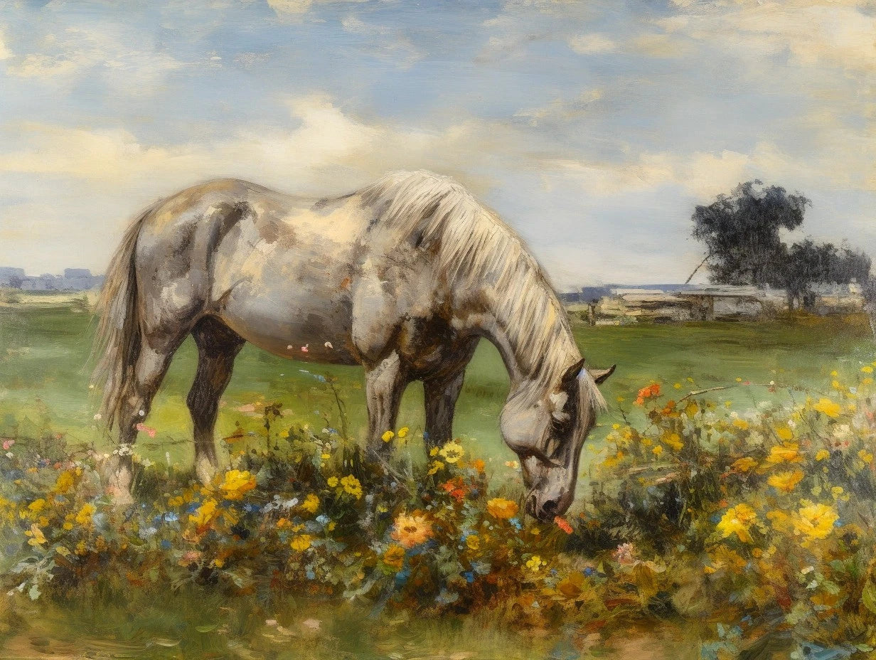 Countryside scène campagne cheval dans le pré huile sur toile originale -Kikooyou Art Gallery