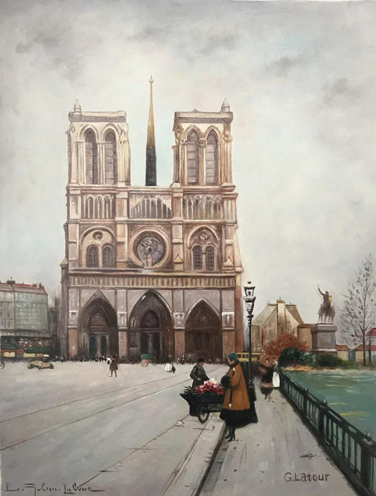 Scène de rue Paris Notre Dame - Tableau huile Paris Notre Dame signé sur toile