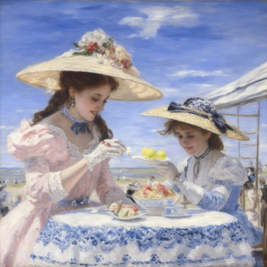 Tableau Original Tullasky – Acrylique sur toile – 40x40 cm – Œuvre unique- tea for two ladies à la plage - Kikooyou Art Gallery