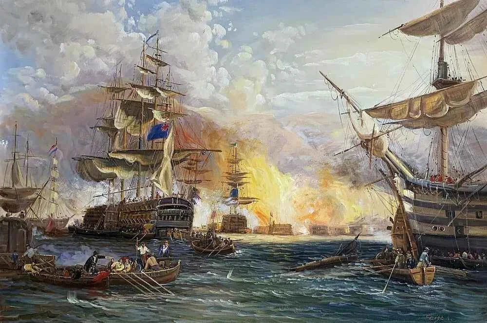 tableau huile bombardement d'Alger, bataille navale de Georg Chambers, peint à la main