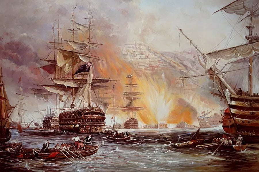 art-decoration-tableau-peinture-huile-toile-scene-bataille-navale- Alger