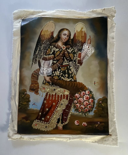 Tableau huile original école St Gabriel Archange Cusco-Cusco School Peru Original Oil Painting of Gabriel the archangel
