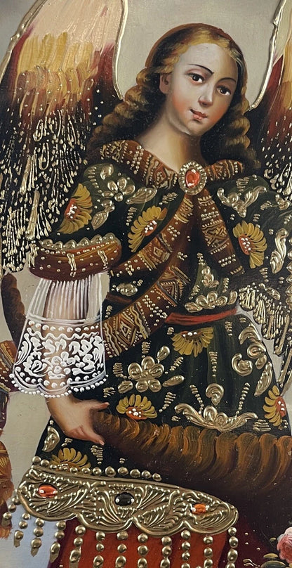 Tableau huile original école St Gabriel Archange Cusco-Cusco School Peru Original Oil Painting of Gabriel the archangel