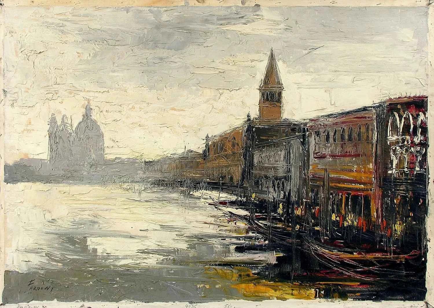 Faraoni signé vintage Mid century c1960s ORIG peinture à l'huile Venise Grand Canal - Kikooyou Art Gallery