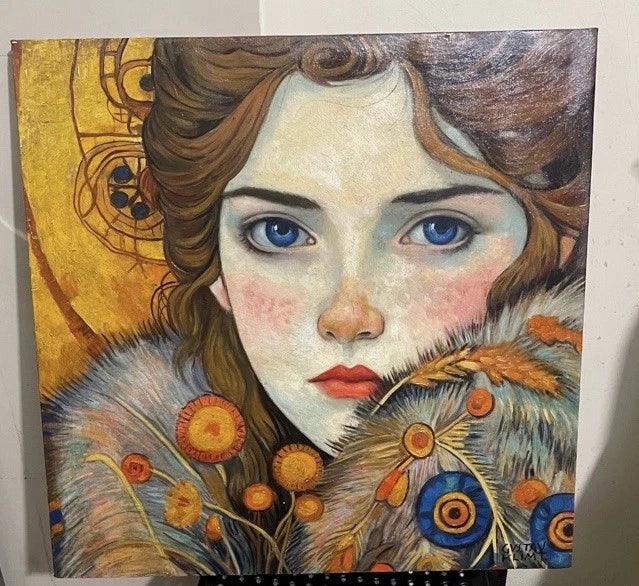 portrait femme yeux bleus à la façon de Klimt peinture huile sur toile- kikooyou art gallery - Kikooyou Art Gallery