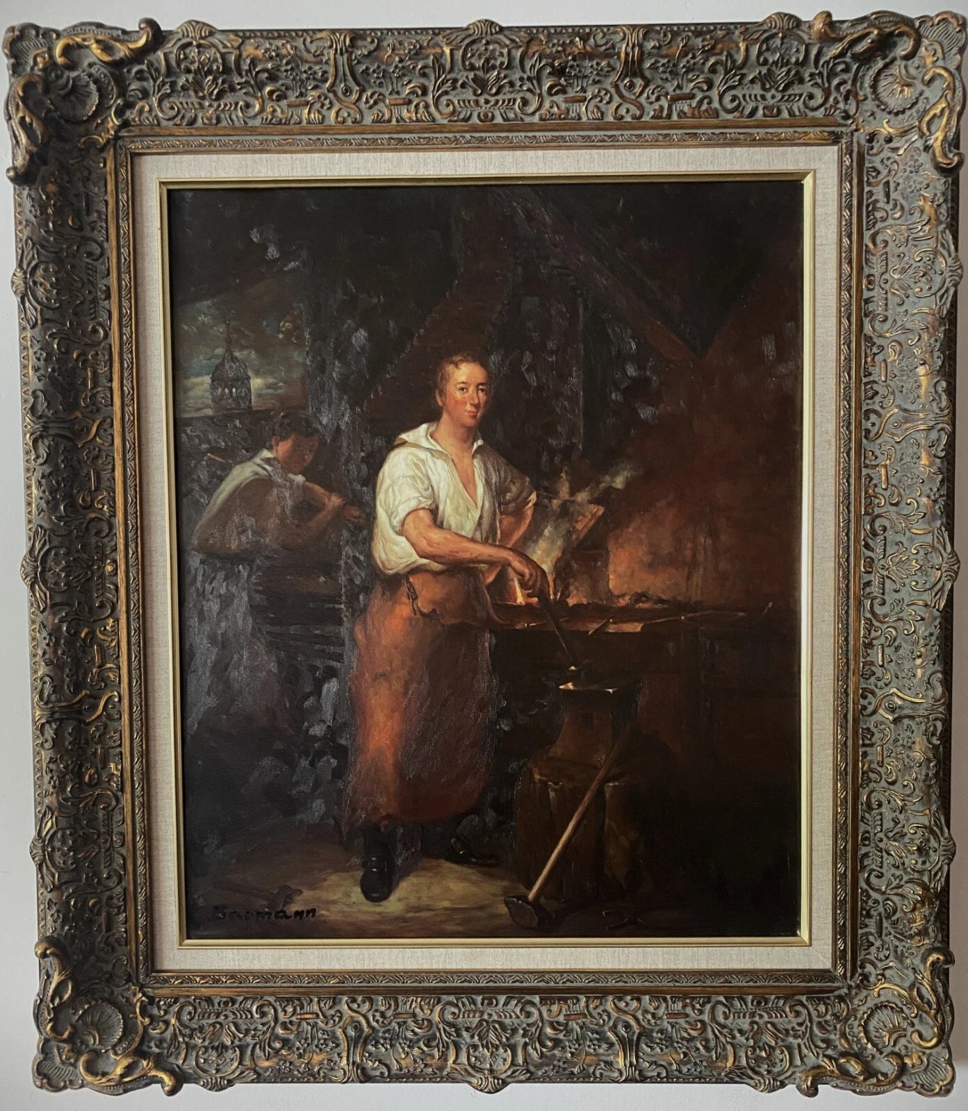 Le forgeron à la forge huile sur toile avec Cadre