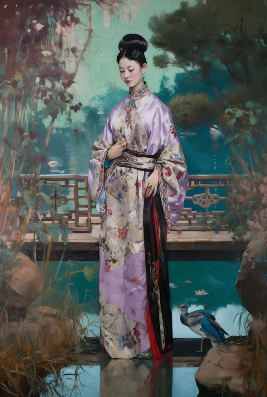 La Jeune Impératrice de Chine, robe en soie-Acrylique sur toile 27x40 cm, Œuvre unique -Kikooyou Art Gallery