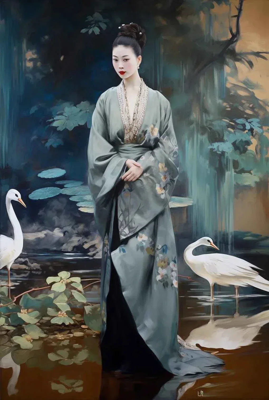 La Jeune Impératrice de Chine avec oiseaux, Acrylique sur toile 27x40 cm, Œuvre unique- Kikooyou Art Gallery - Kikooyou Art Gallery