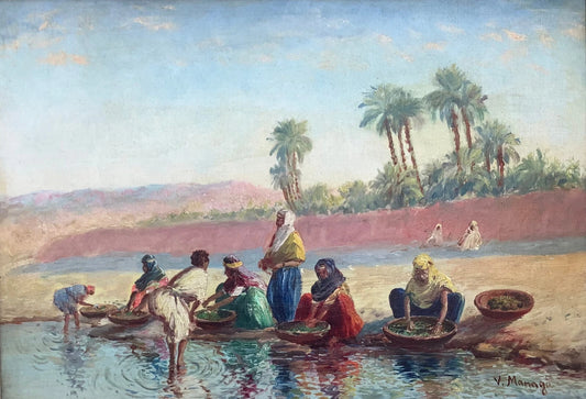 Tableau vintage Vincent Manago Au bord de la rivière Orientalisme - Kikooyou Art Gallery