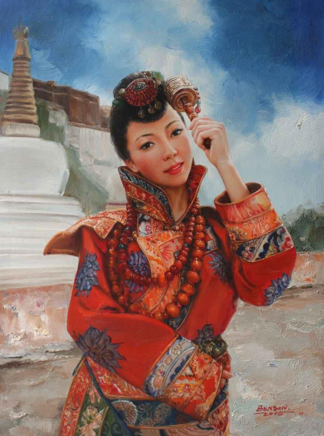 originale peinture à l'huile portrait fille tibétaine beauté femme 30"x40" - 75x100cm - Kikooyou Art Gallery - Kikooyou Art Gallery