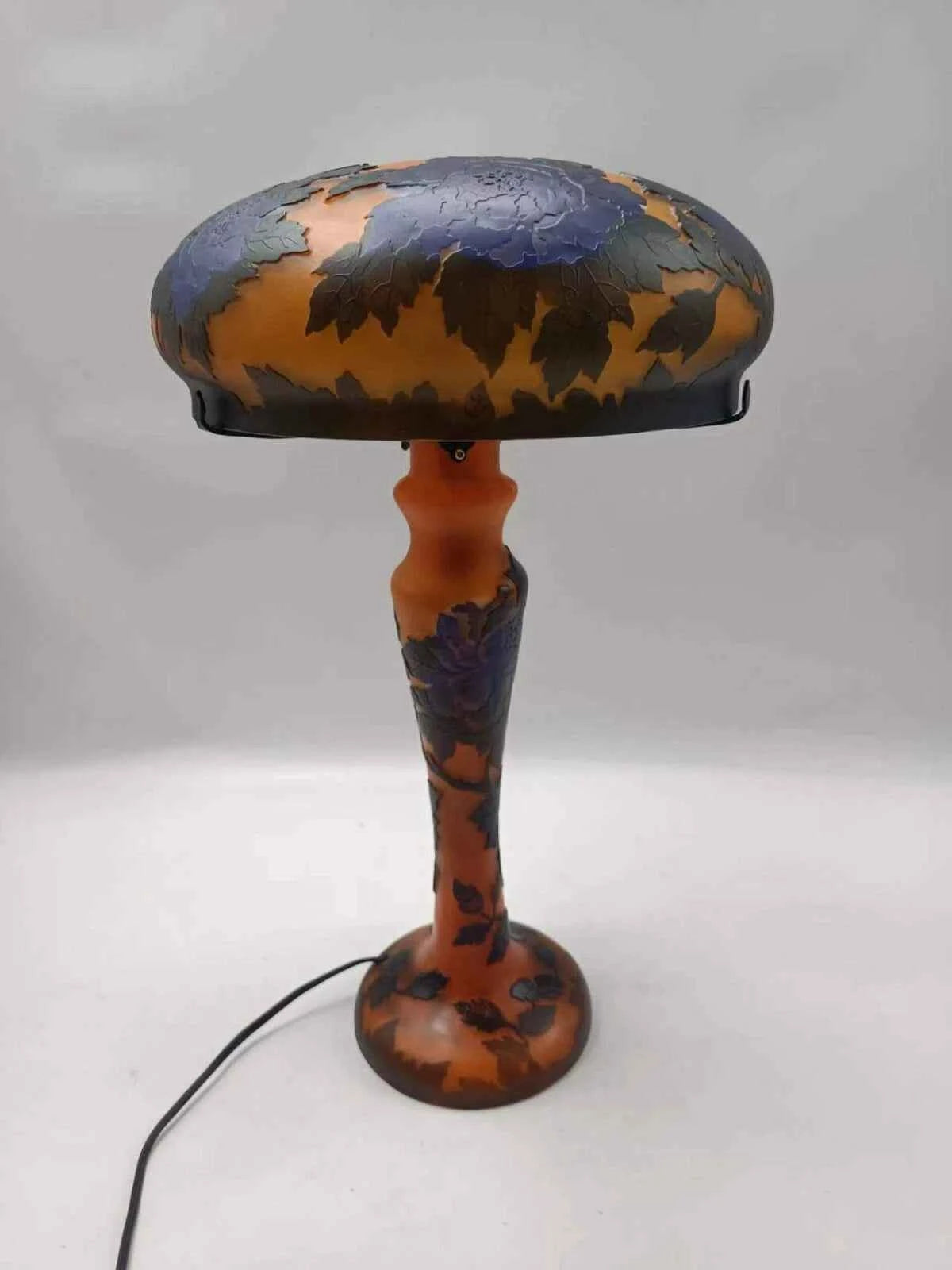 Lampe verre champignon Gallé Tip couleur jaune orange avec fleurs bleues