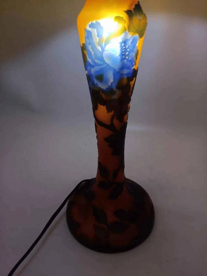 Lampe verre champignon Gallé Tip couleur jaune orange avec fleurs bleues