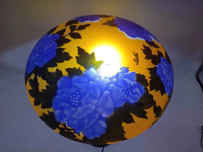 Lampe verre champignon Gallé Tip couleur jaune orange avec fleurs bleues
