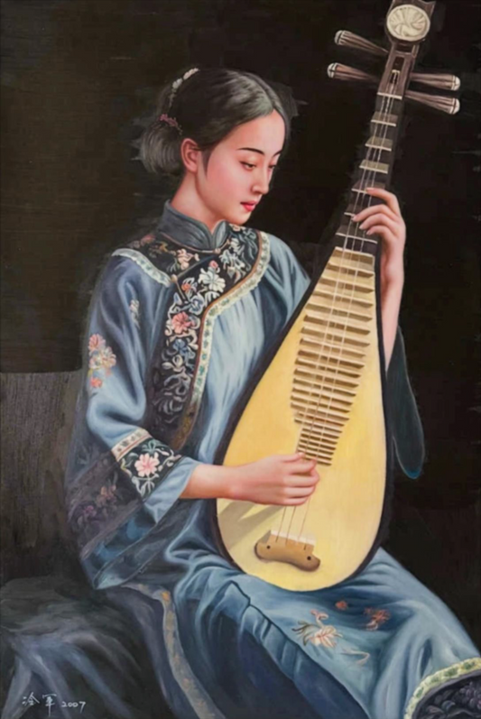 Peinture à l'huile chinoise sur toile peinte à la main belle femme musicienne par Leng Jun - Kikooyou Art Gallery