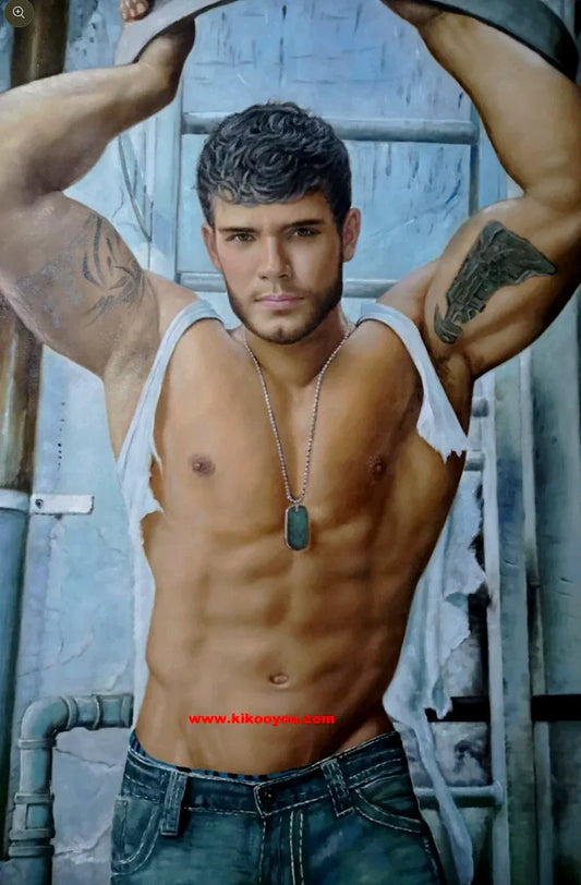 art-decoration-tableau-peinture-huile-toile-portrait-sexy-masculin-male-homme-torse-nu-musclé - Kikooyou Art Gallery