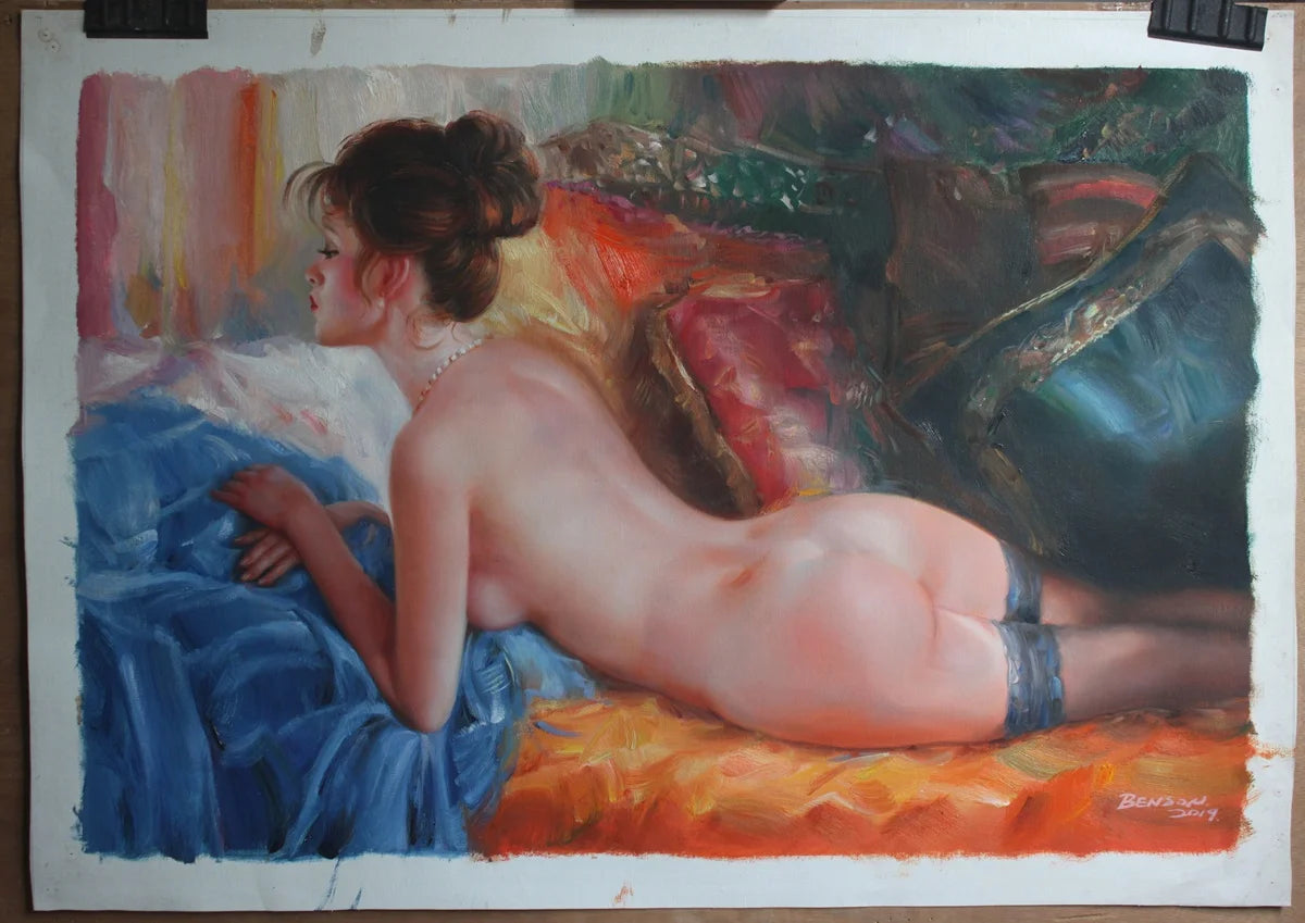 art-nu-intégrale-femme-allongée-fesses-portrait-peinture-huile sur toile
