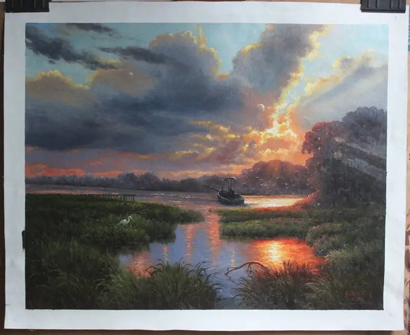 art-paysage-campagne-riviere-bateau-peinture-huile-toile