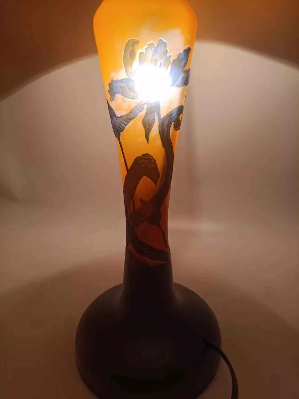 Lampe verre champignon Gallé Tip couleur jaune orange libellules bleues