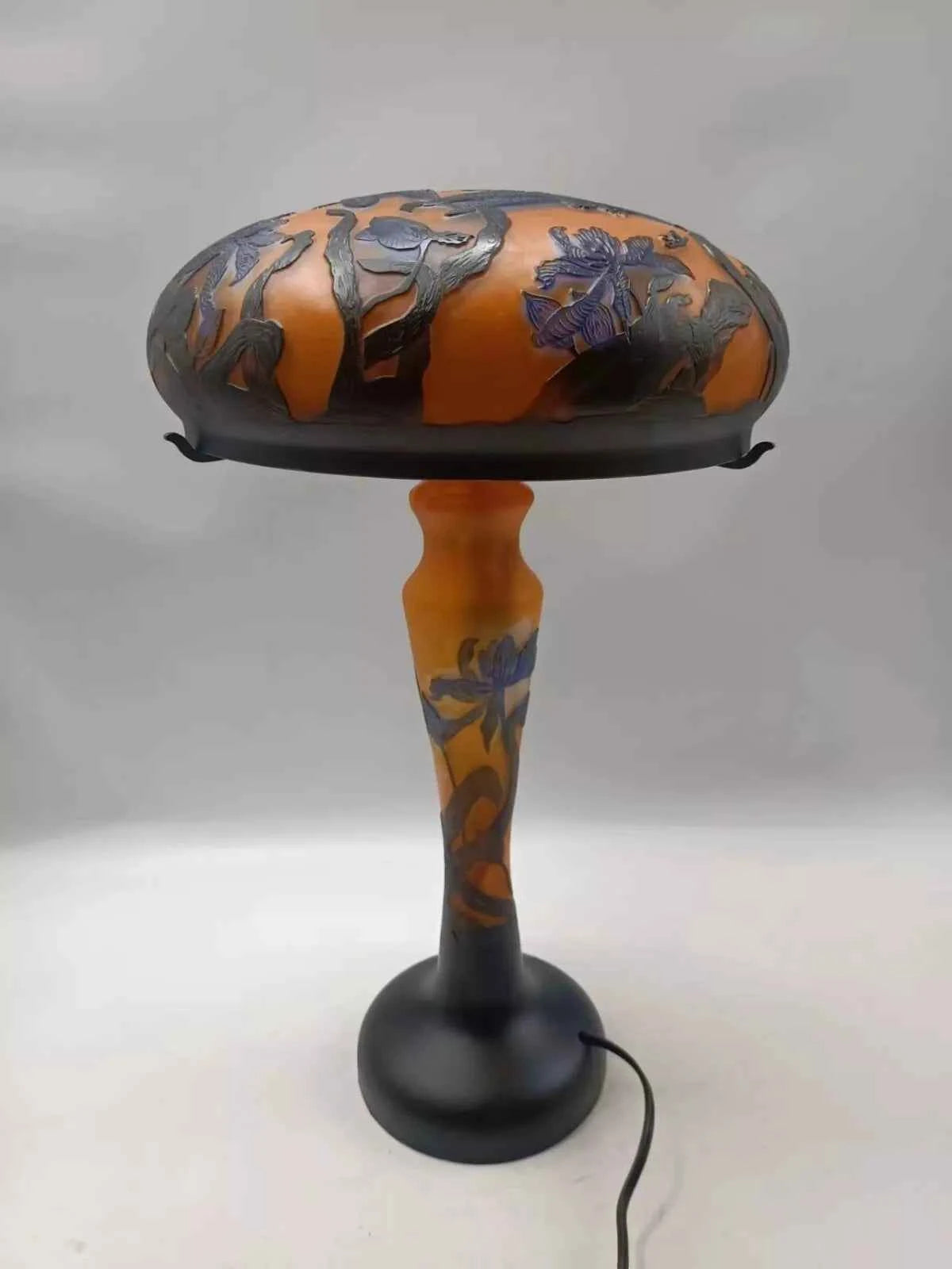 Lampe verre champignon Gallé Tip couleur jaune orange libellules bleues