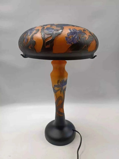Lampe verre champignon Gallé Tip couleur jaune orange libellules bleues