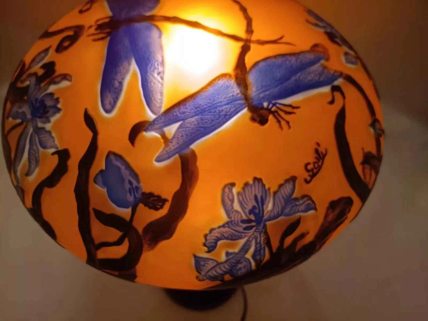 Lampe verre champignon Gallé Tip couleur jaune orange libellules bleues