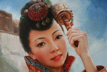 originale peinture à l'huile portrait fille tibétaine beauté femme 30"x40" - 75x100cm - Kikooyou Art Gallery - Kikooyou Art Gallery