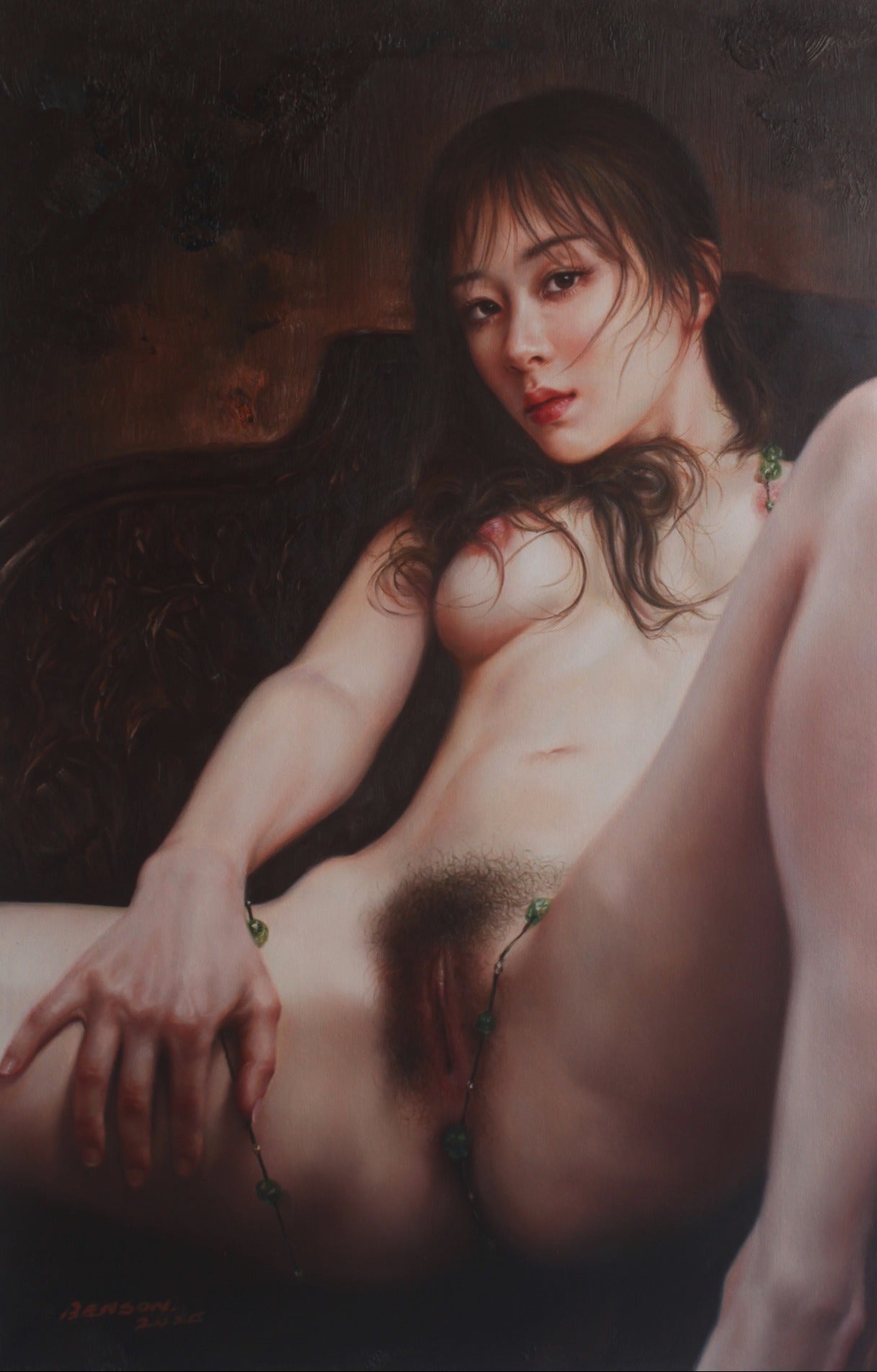art-erotique-femme-asiatique nue-intégrale-belle-poitrine-peinture-huile-sur-toile-originale
