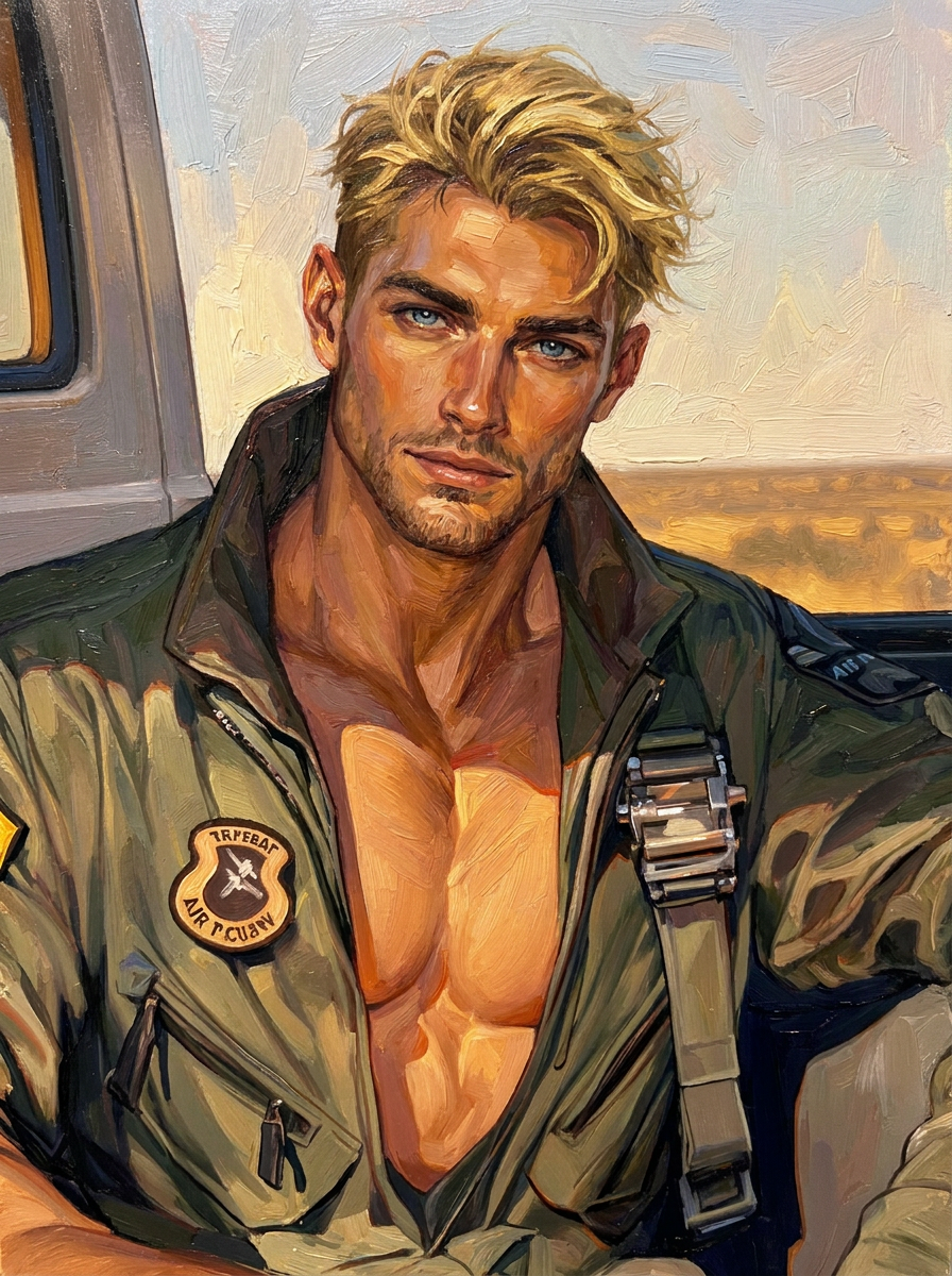 peinture huile sur toile faite sur commande - PORTRAIT BOGOSSE SEXY PILOTE