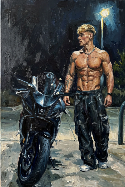 peinture huile sur toile faite sur commande - PORTRAIT BOGOSSE MOTARD