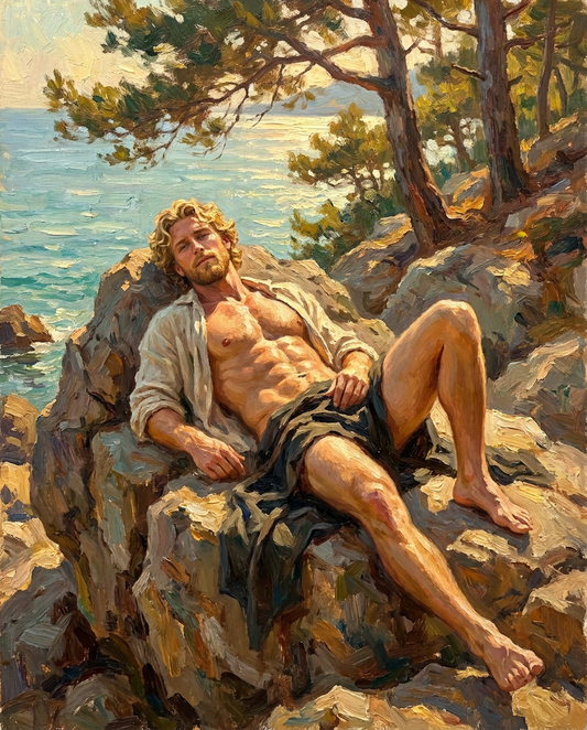 peinture huile sur toile faite sur commande - PORTRAIT beau blond à la plage