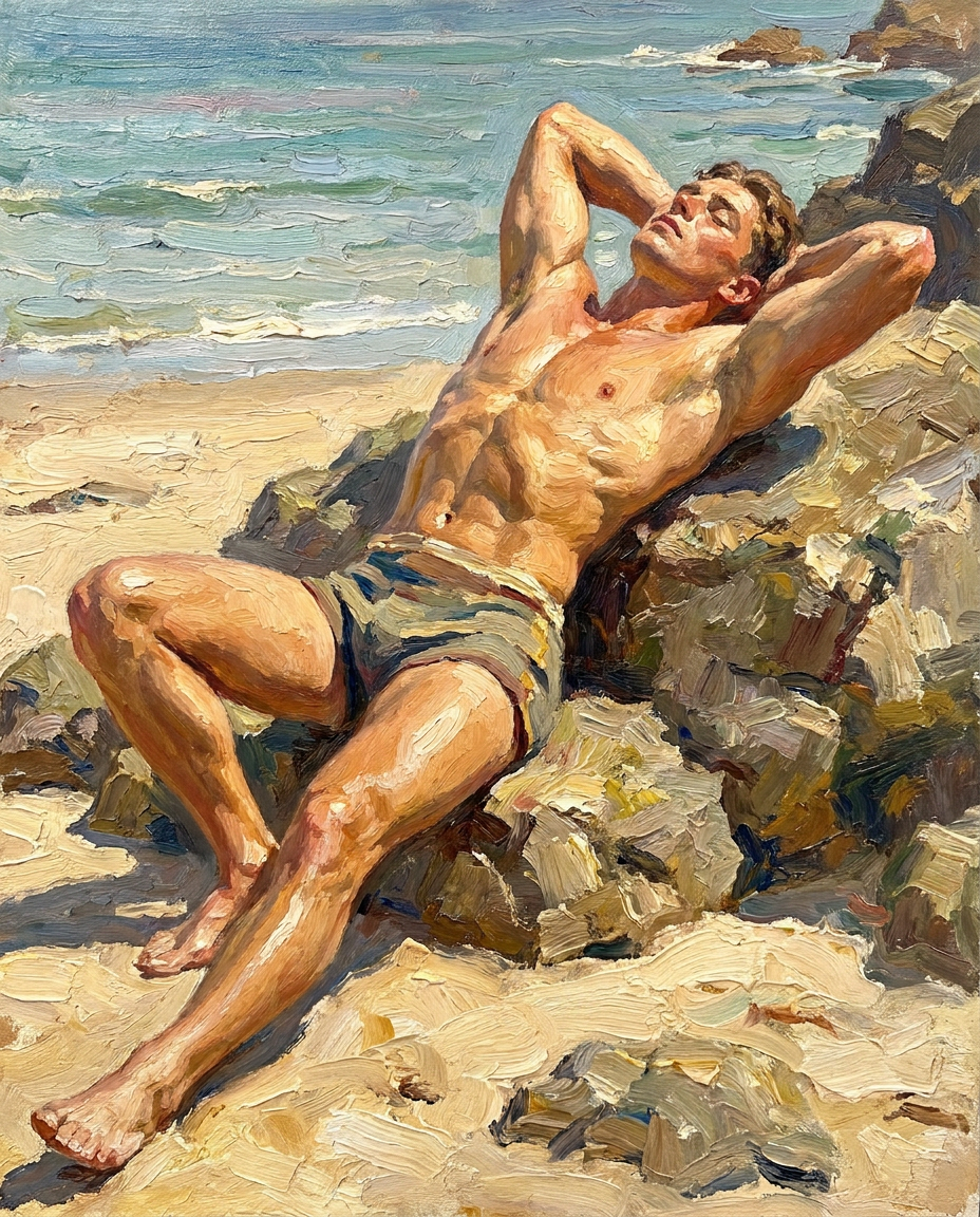 peinture huile sur toile faite sur commande - PORTRAIT beau blond à la plage