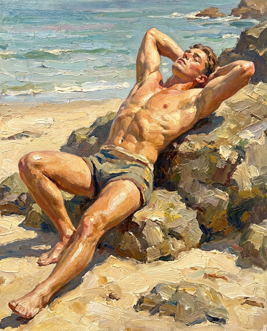 peinture huile sur toile faite sur commande - PORTRAIT beau blond à la plage