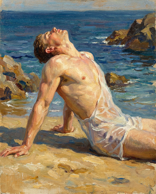 peinture huile sur toile faite sur commande - PORTRAIT beau blond à la plage