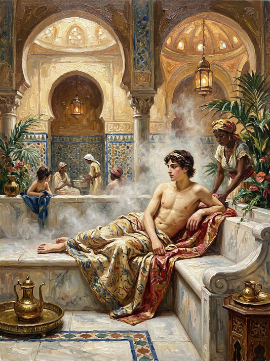 peinture huile sur toile faite sur commande - PORTRAIT EPHEBE AU HAMMAM